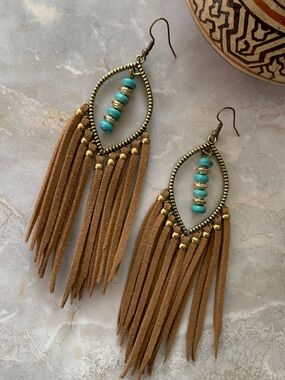 Boho Turquoise Bead Leather Fringe Earrings